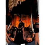 Halloween Women's T shirt Pumpkin Graphic Cat Vintage Stylish Classic Long Sleeve Crew Neck Regular Tops Daily Print Orange Spring Fall Winter - Image 4