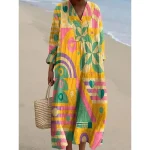 Women's Midi Dress V Neck Long Sleeve Kaftan Lightweight Loose Fit Shift Dress Casual Going out Loose Fit Graphic Geometric Long Sleeve V Neck Dark Yellow Yellow Pink Blue Fall - Image 5