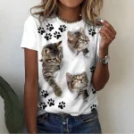 Women's T Shirt Basic Cat Print Short Sleeve Regular Tops Round Neck Casual Weekend White