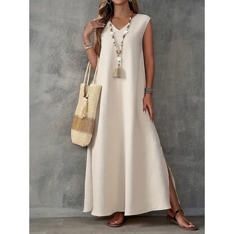 wawwks1752630517870.webp Women's Maxi Dress A Line Dress Summer Dress Casual Daily Regular Fit Plain Sleeveless V Neck Black White Light Purple Green Summer - Image 1