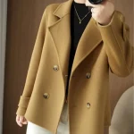 Women's Winter Blazer Coat Fall Double Breasted Lapel Jacket Wool Blend Short Coat with Pockets Warm Black White Camel - Image 2