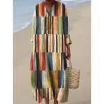 Women's Midi Dress V Neck Long Sleeve Kaftan Lightweight Loose Fit Shift Dress Casual Going out Loose Fit Graphic Geometric Long Sleeve V Neck Dark Yellow Yellow Pink Blue Fall - Image 4