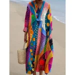 Women's Midi Dress V Neck Long Sleeve Kaftan Lightweight Loose Fit Shift Dress Casual Going out Loose Fit Graphic Geometric Long Sleeve V Neck Dark Yellow Yellow Pink Blue Fall - Image 2