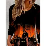 Halloween Women's T shirt Pumpkin Graphic Cat Vintage Stylish Classic Long Sleeve Crew Neck Regular Tops Daily Print Orange Spring Fall Winter - Image 3