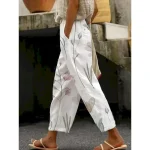 Women's Cotton Linen Pants Baggy Pants Linen Like Fashion Streetwear Full Length High Waist Floral Graphic Printing Thermal Warm Breathable Soft Micro-elastic Outdoor Daily off-white Fall Winter - Image 6