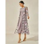 Women's Tea Length Cocktail Dress Dress Set Wedding Guest Dress A Line Dress Elegant Formal Wedding Party Regular Fit Floral Long Sleeve Crew Neck Gray Pink Summer Spring Fall - Image 3