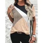 Women's T Shirt Casual Color Block Print Short Sleeve Regular Tops Round Neck Daily Sky Blue Khaki Gray Summer - Image 3