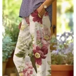Women's Cotton Linen Pants Baggy Pants Linen Like Fashion Streetwear Full Length High Waist Floral Graphic Printing Thermal Warm Breathable Soft Micro-elastic Outdoor Daily off-white Fall Winter - Image 2