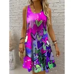Women's Mini Dress Sundress A Line Dress Off The Shoulder Dress Vacation Casual Boho Holiday Beach Regular Fit Heart Graphic Sleeveless Crew Neck Yellow Red Blue Purple Summer Spring - Image 5