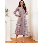 Women's Tea Length Cocktail Dress Dress Set Wedding Guest Dress A Line Dress Elegant Formal Wedding Party Regular Fit Floral Long Sleeve Crew Neck Gray Pink Summer Spring Fall - Image 5