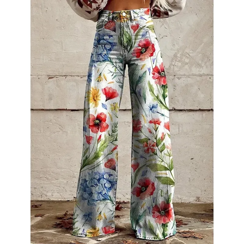zymetq1748597630574.webp Women's Wide Leg Chinos Vacation Fashion Streetwear Full Length High Waist Floral Pocket Printing Comfy Soft Comfortable Micro-elastic Outdoor Street White Yellow Navy Blue Blue Summer Spring Regular - Image 1