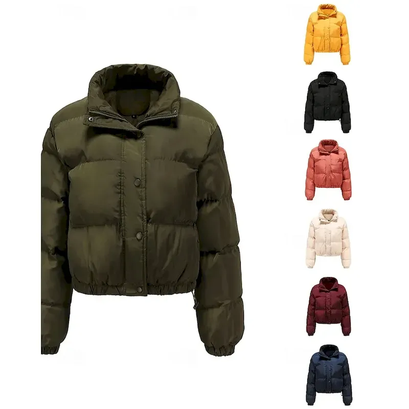 zzkbxi1759213558231.webp Women's Winter Coat Quilted Jacket Warm Comfortable Zipper Pocket Casual Plain Vacation Daily Wear Going out Weekend Short Stand Collar Loose Fit Long Sleeve Outerwear Black Yellow Wine Fall Winter - Image 1